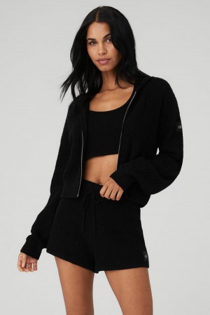 Black Alo Yoga Cashmere Plush Waffle Full Zip Women Hoodie | KSA QNI039751