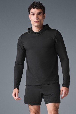 Black Alo Yoga Conquer Reform With Hood Men Long Sleeve | KSA MID349571