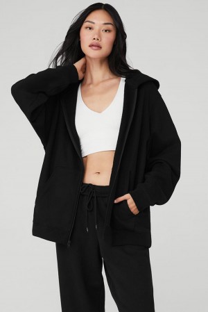Black Alo Yoga Renown Heavy Weight Full Zip Women Hoodie | KSA MAG962835