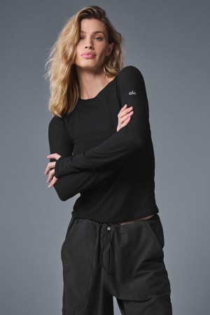 Black Alo Yoga Ribbed Sea Coast Women Long Sleeve | KSA AGC426137