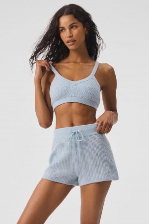 Crystal Blue Alo Yoga Cashmere Plush Waffle V-Neck Women Bra | KSA HTX621379
