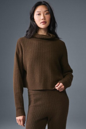 Espresso Alo Yoga Cashmere Plush Waffle Turtleneck Women Pullover | KSA GVI618937