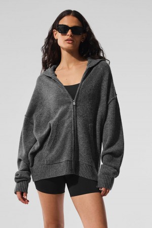 Platinum Grey Alo Yoga New Class Cashmere Full Zip Women Hoodie | KSA ONQ674592