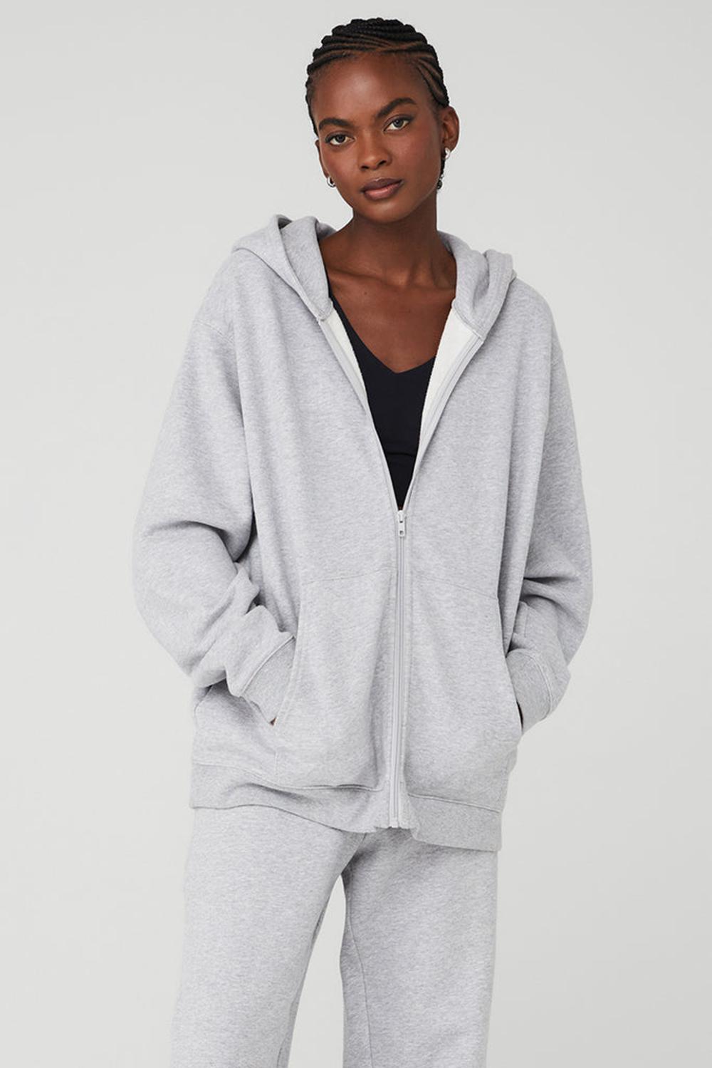 Athletic Heather Grey Alo Yoga Renown Heavy Weight Full Zip Women Hoodie | KSA  LFQ609148