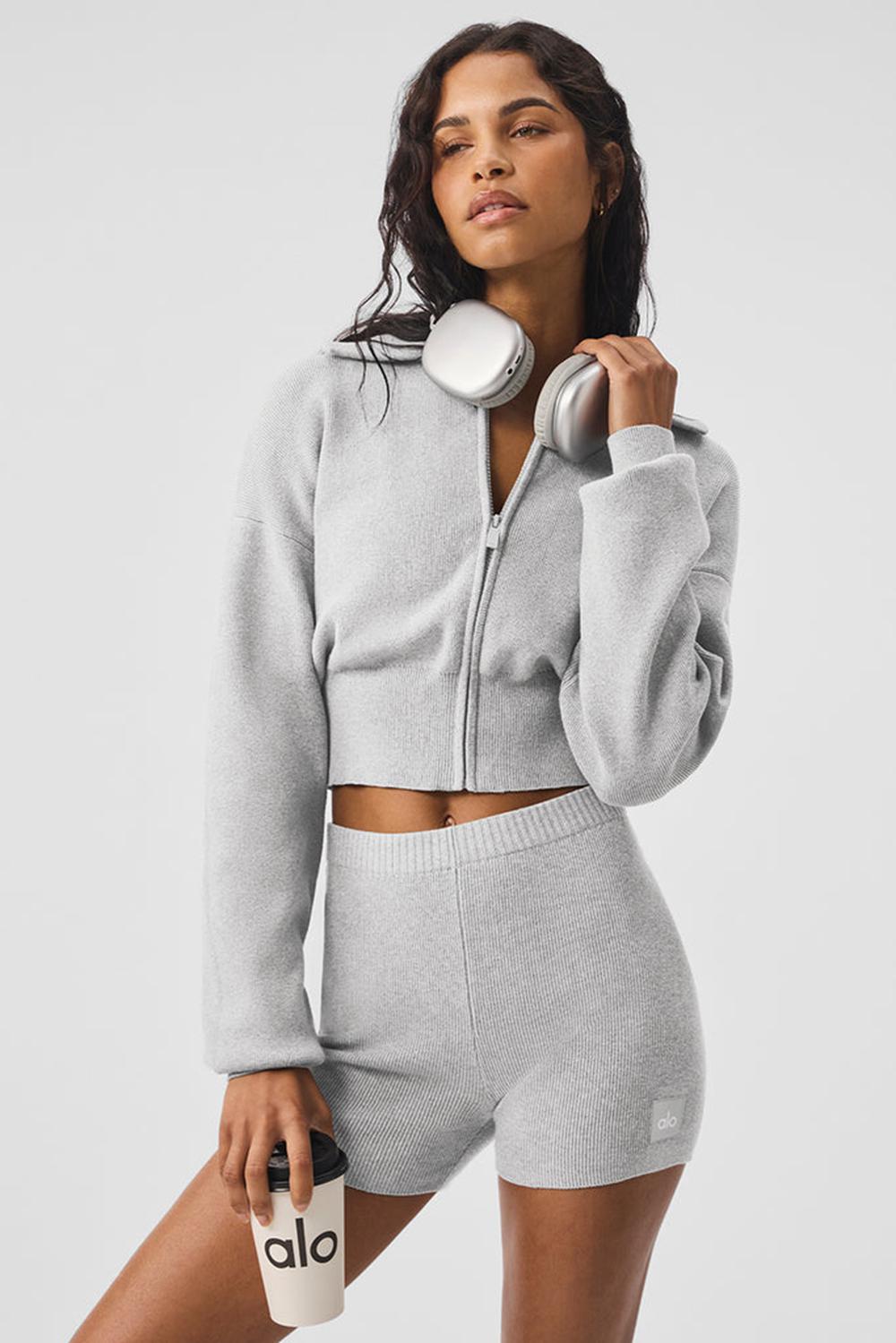 Athletic Heather Grey Alo Yoga Scholar Knit Cropped Full Zip Women Jacket | KSA  UWJ241896
