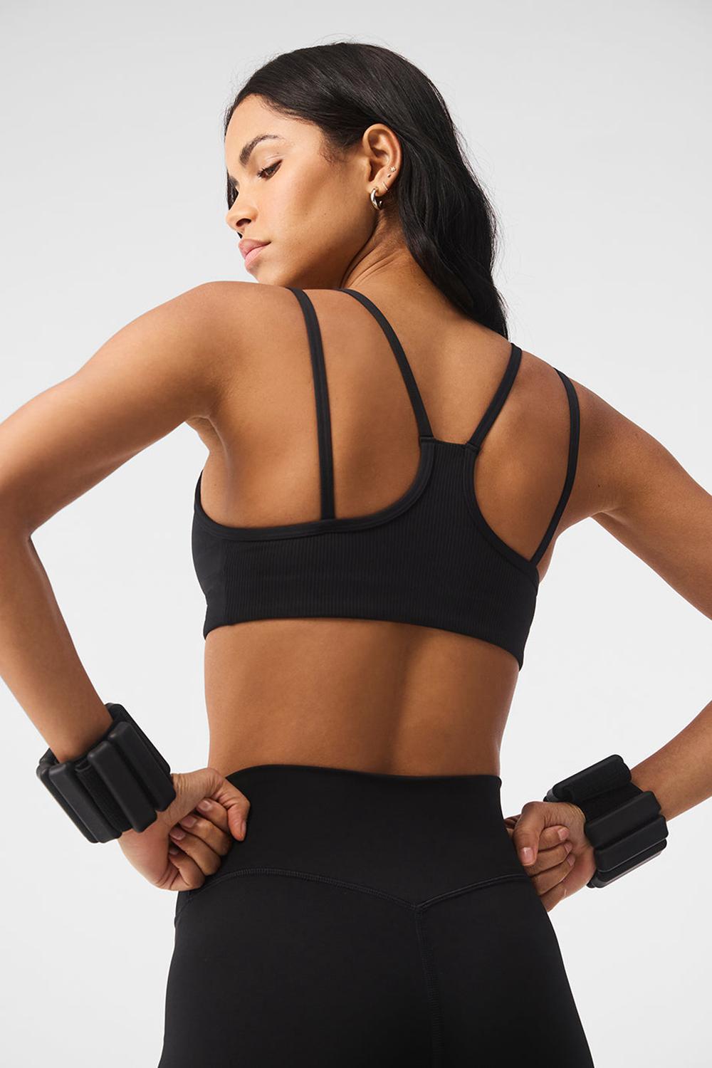 Black Alo Yoga Airlift Ribbed Jump Start V-Neck Women Bra | KSA  HBA714298