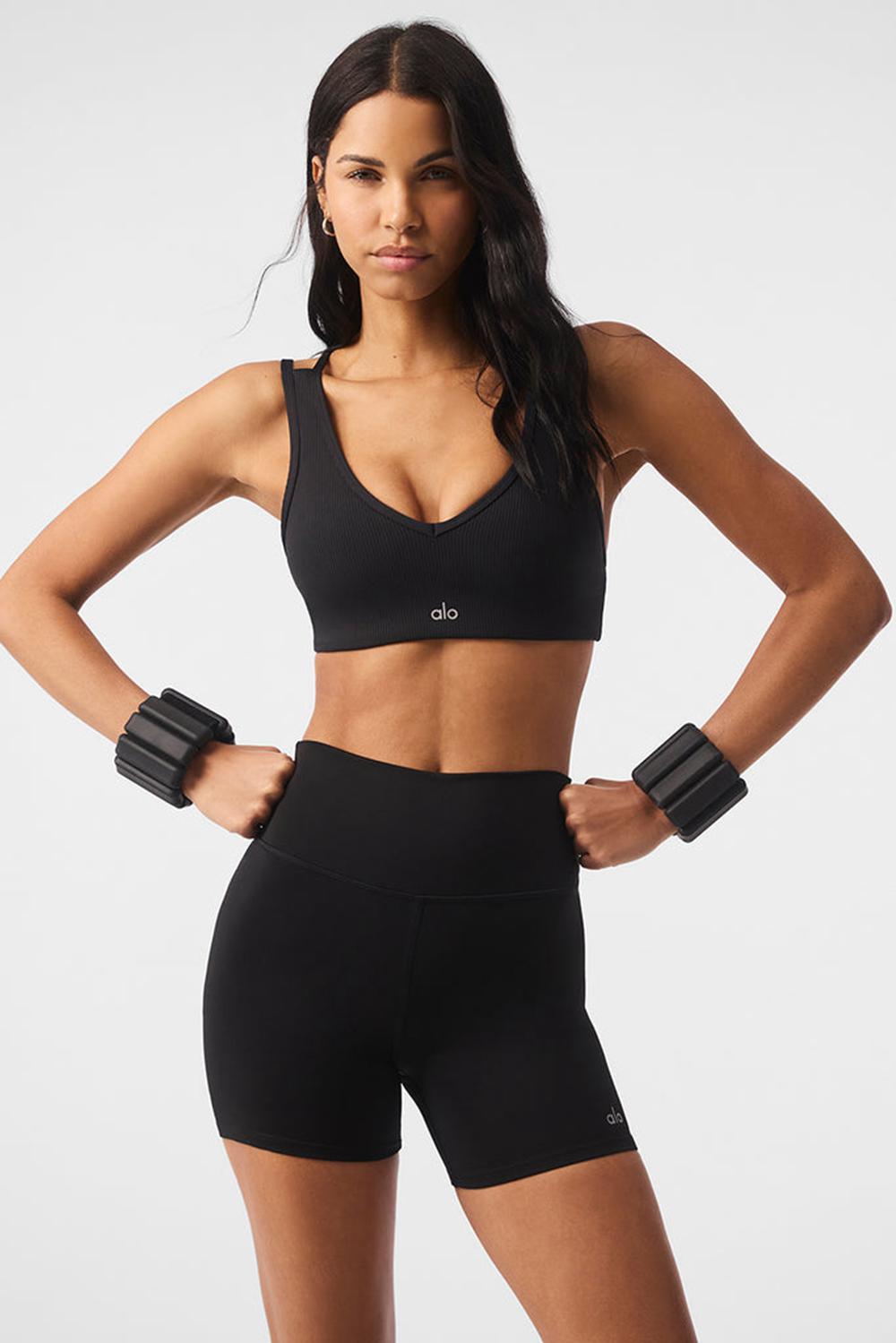 Black Alo Yoga Airlift Ribbed Jump Start V-Neck Women Bra | KSA  HBA714298