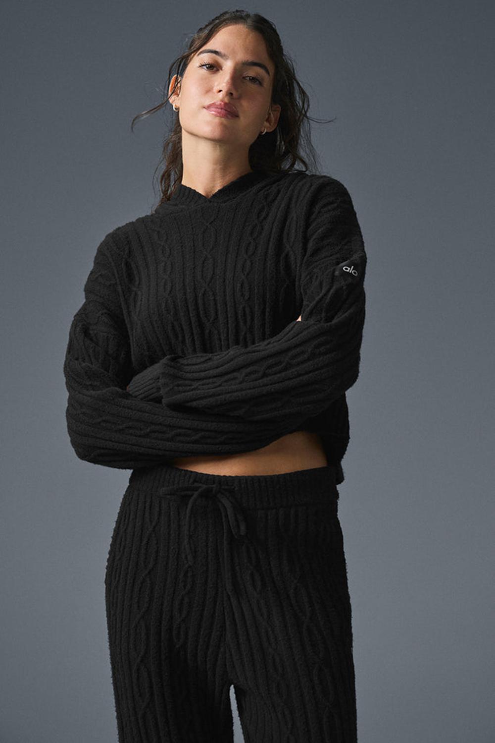 Black Alo Yoga Cable Knit Winter Bliss Women Hoodie | KSA  EBW814769