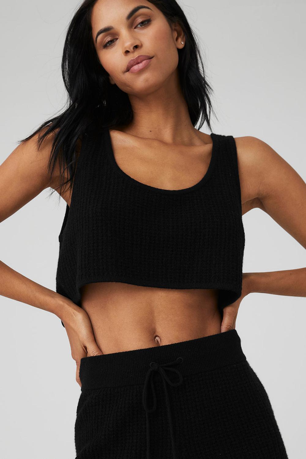 Black Alo Yoga Cashmere Plush Waffle Cropped Women Tank | KSA  RWB602483