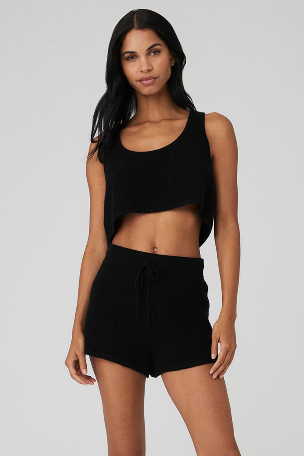 Black Alo Yoga Cashmere Plush Waffle Cropped Women Tank | KSA  RWB602483