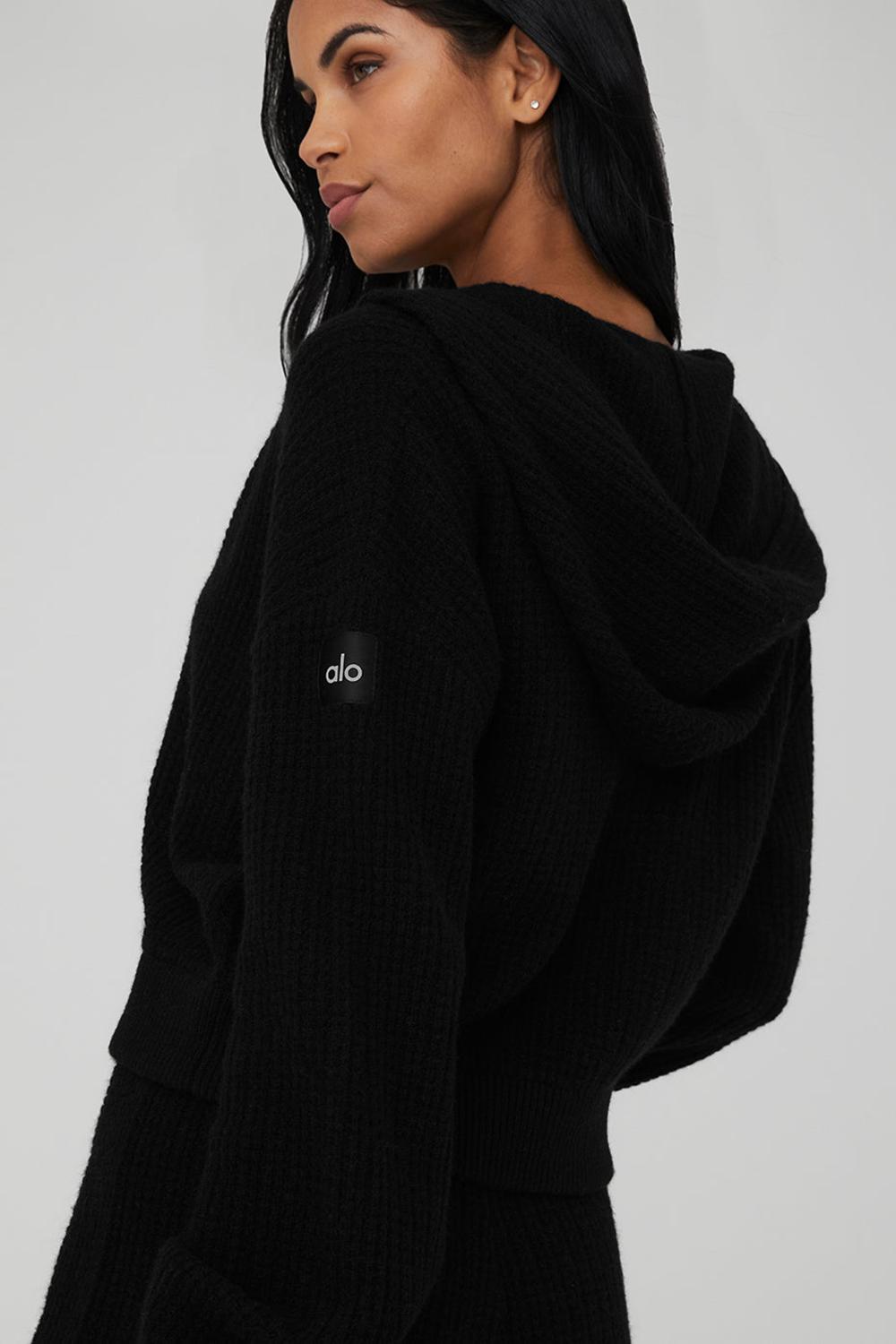 Black Alo Yoga Cashmere Plush Waffle Full Zip Women Hoodie | KSA  QNI039751