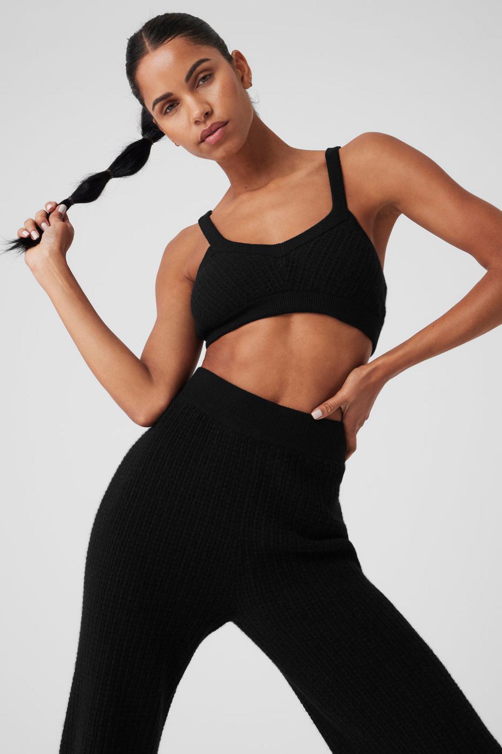 Black Alo Yoga Cashmere Plush Waffle V-Neck Women Bra | KSA  GCT725164