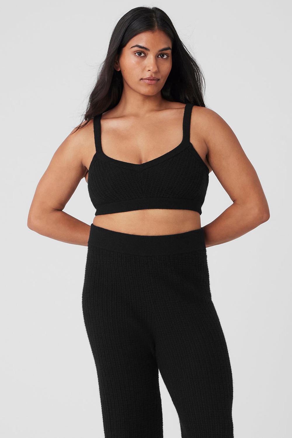 Black Alo Yoga Cashmere Plush Waffle V-Neck Women Bra | KSA  GCT725164