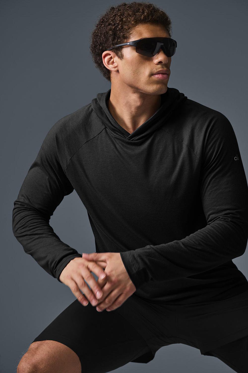 Black Alo Yoga Core Runner Men Hoodie | KSA  BOY723685