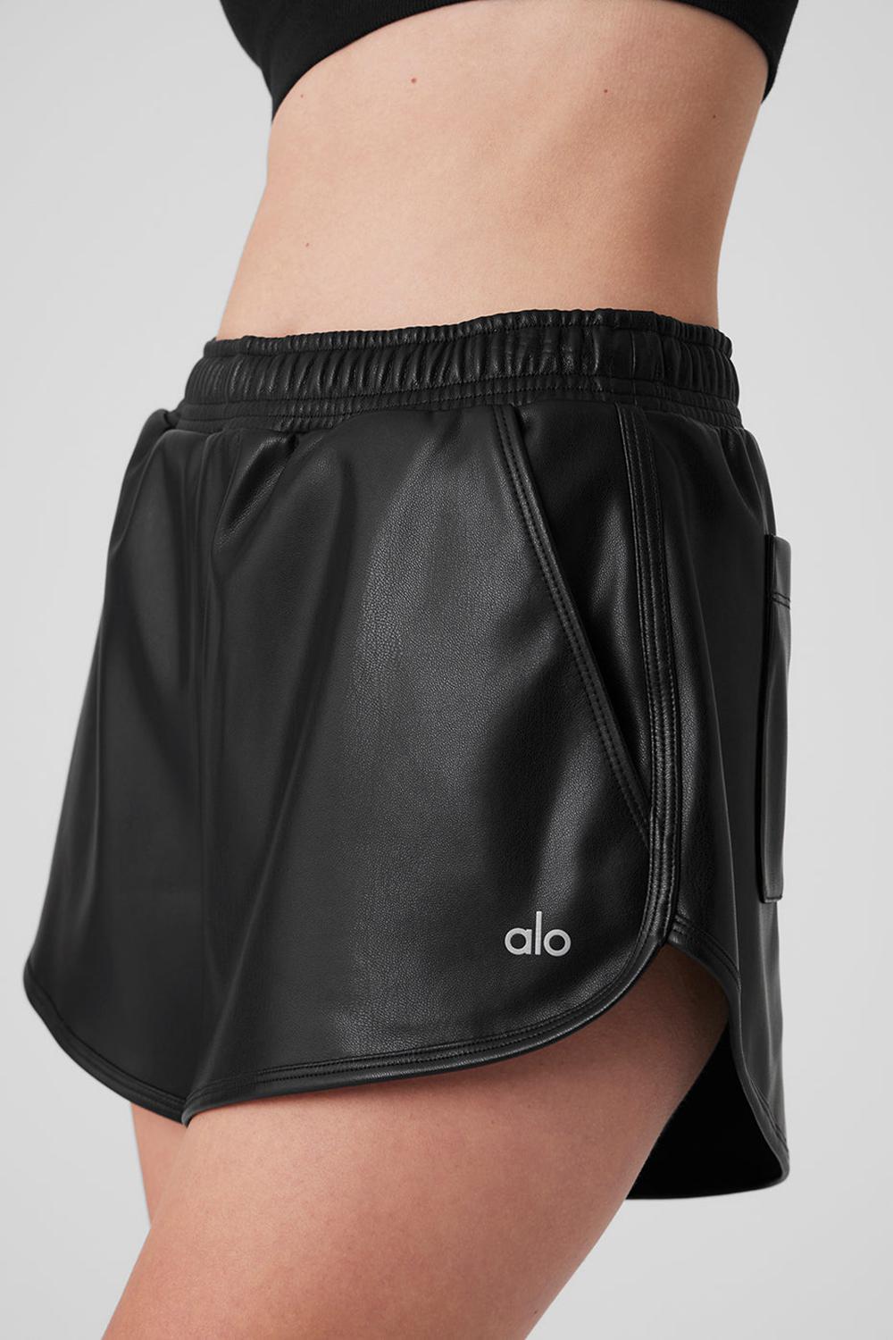 Black Alo Yoga Faux Leather Power Hour Women Short | KSA  QZD148905