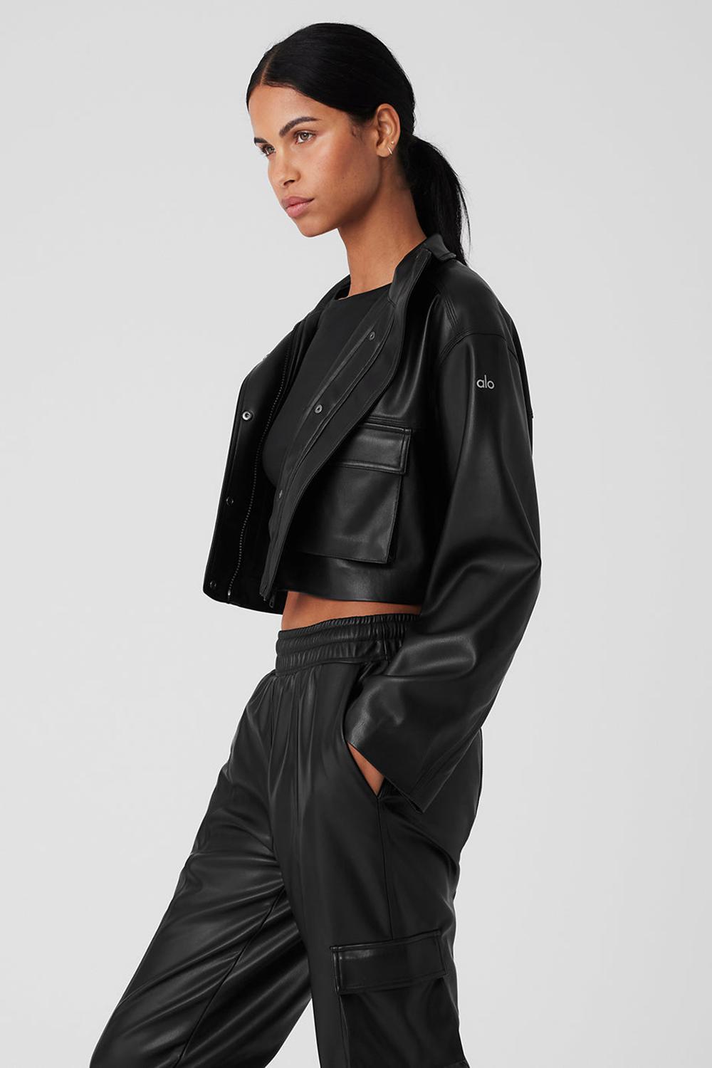 Black Alo Yoga Faux Leather Power Hour Women Jacket | KSA  NUX092147