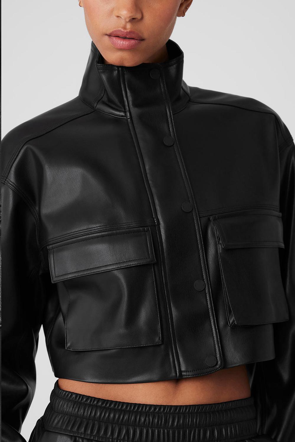 Black Alo Yoga Faux Leather Power Hour Women Jacket | KSA  NUX092147