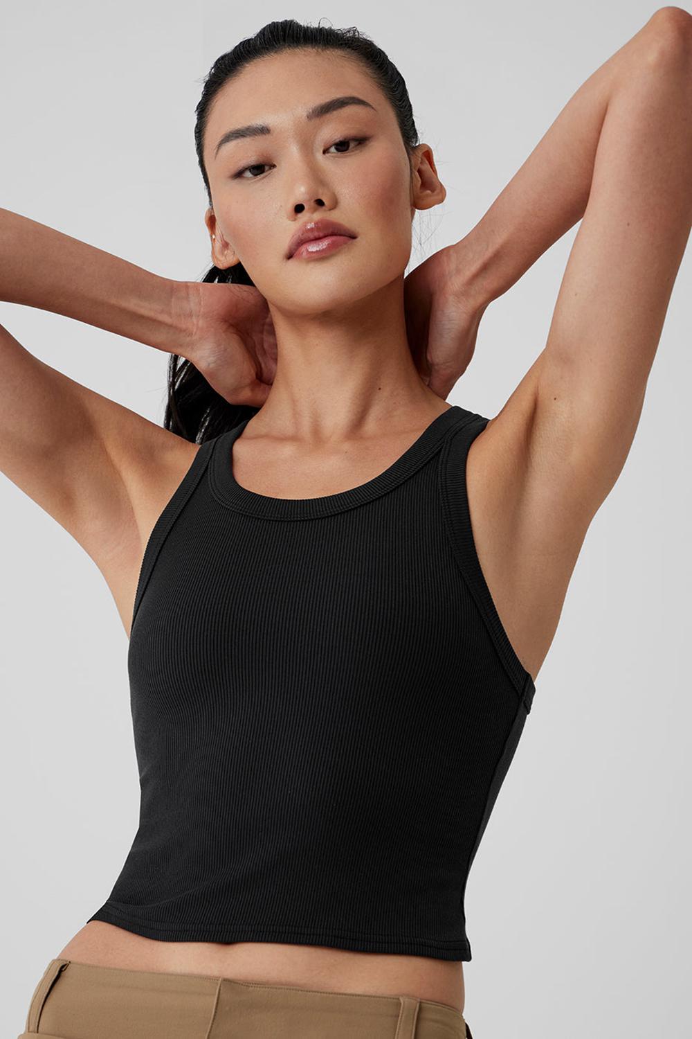 Black Alo Yoga Goddess Ribbed Go-To Women Tank | KSA  NJY256984