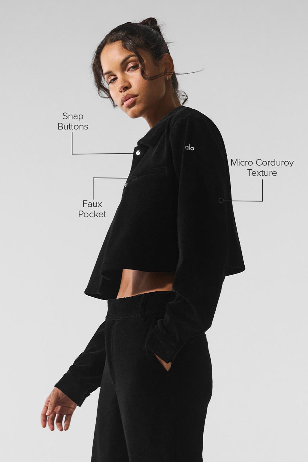 Black Alo Yoga Micro Corduroy Dreamer Button Down Women Cropped Tops | KSA  UFH902531
