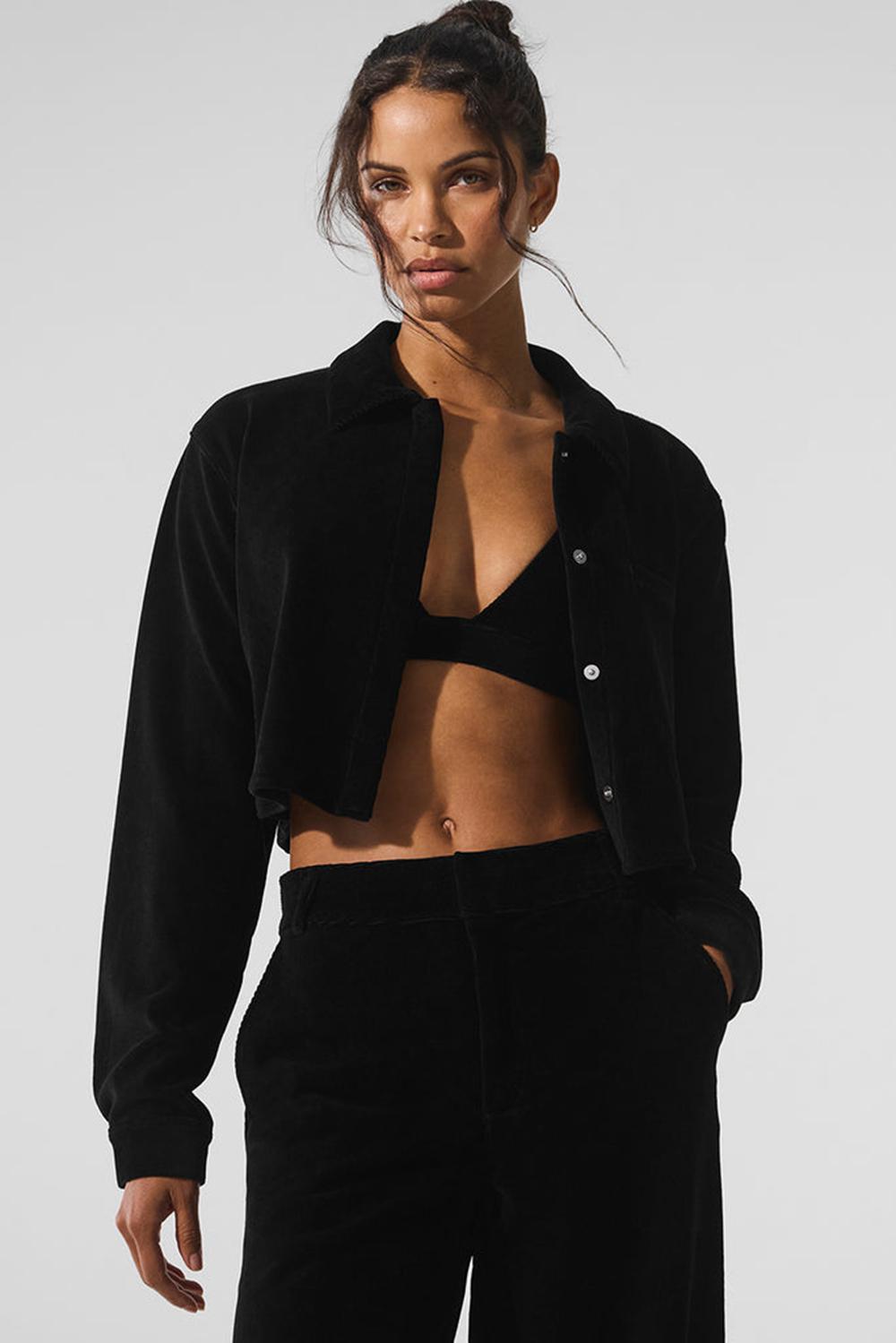 Black Alo Yoga Micro Corduroy Dreamer Button Down Women Cropped Tops | KSA  UFH902531