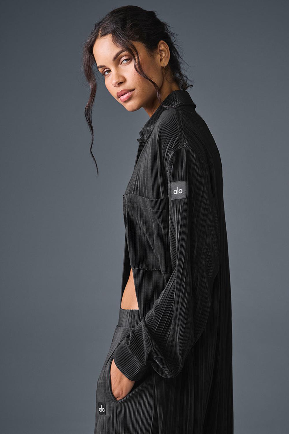 Black Alo Yoga Micro Plisse Shirt Women Dress | KSA  CVZ358426