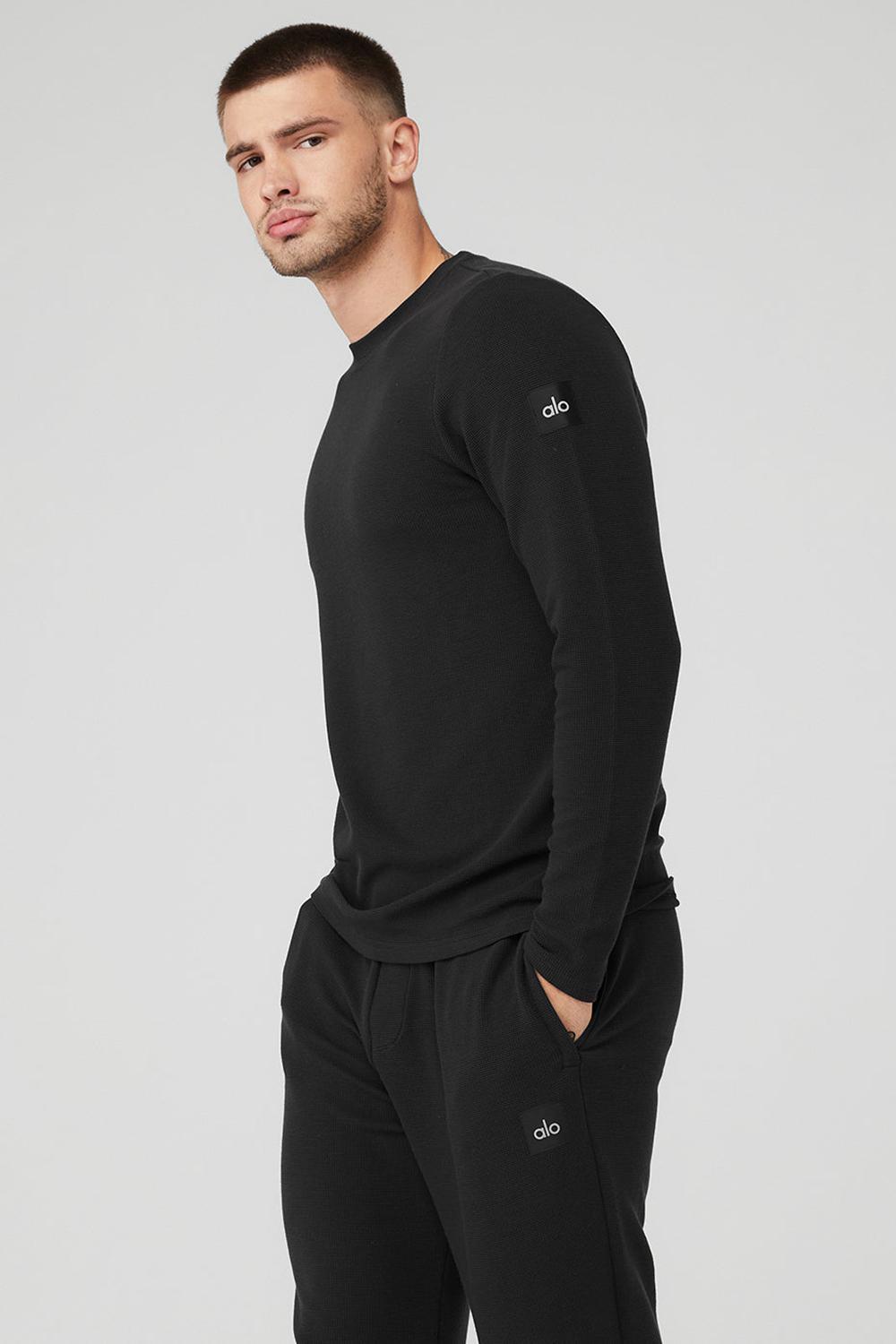Black Alo Yoga Micro Waffle Fast Break Tee Men Long Sleeve | KSA  NDT735860