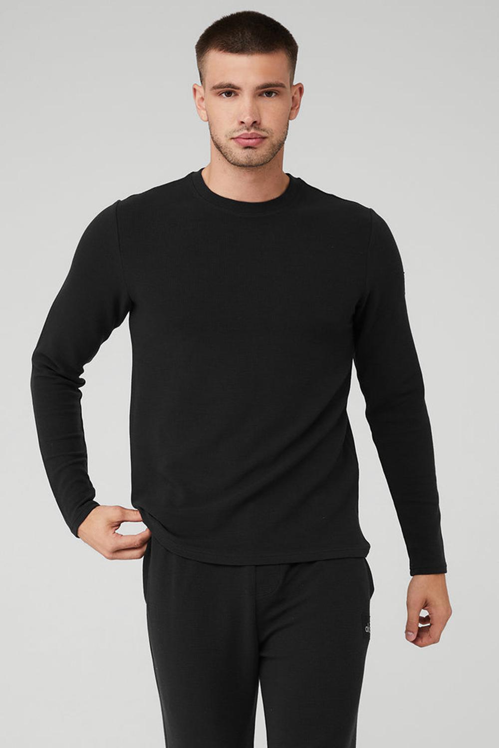 Black Alo Yoga Micro Waffle Fast Break Tee Men Long Sleeve | KSA  NDT735860