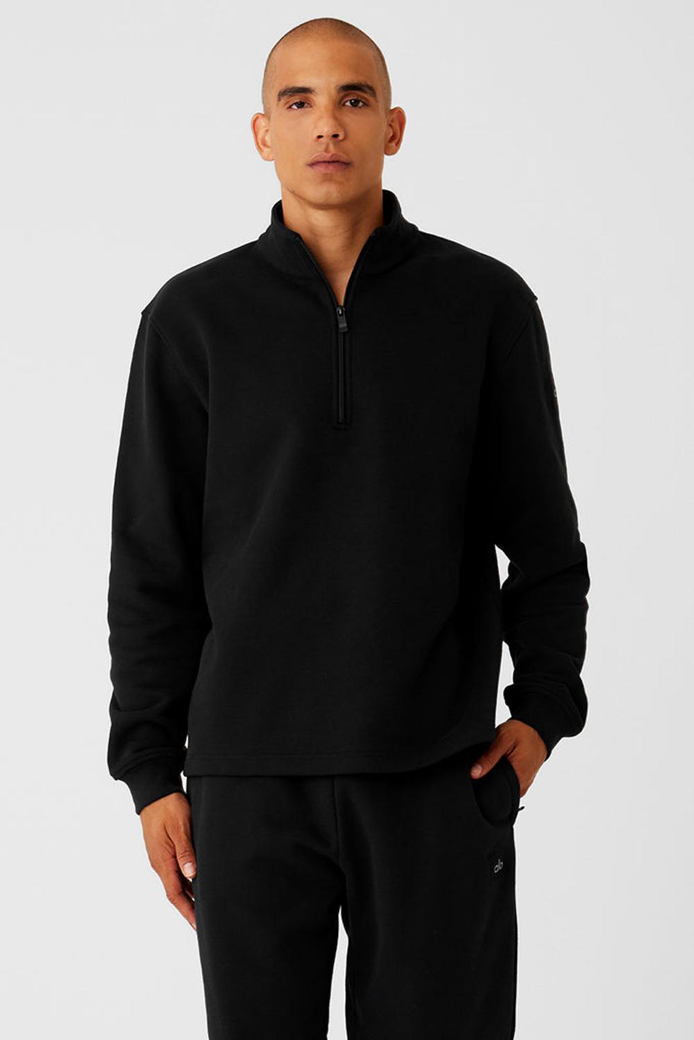 Black Alo Yoga Renown Heavy Weight 1/4 Zip Men Hoodie | KSA  CWQ846593