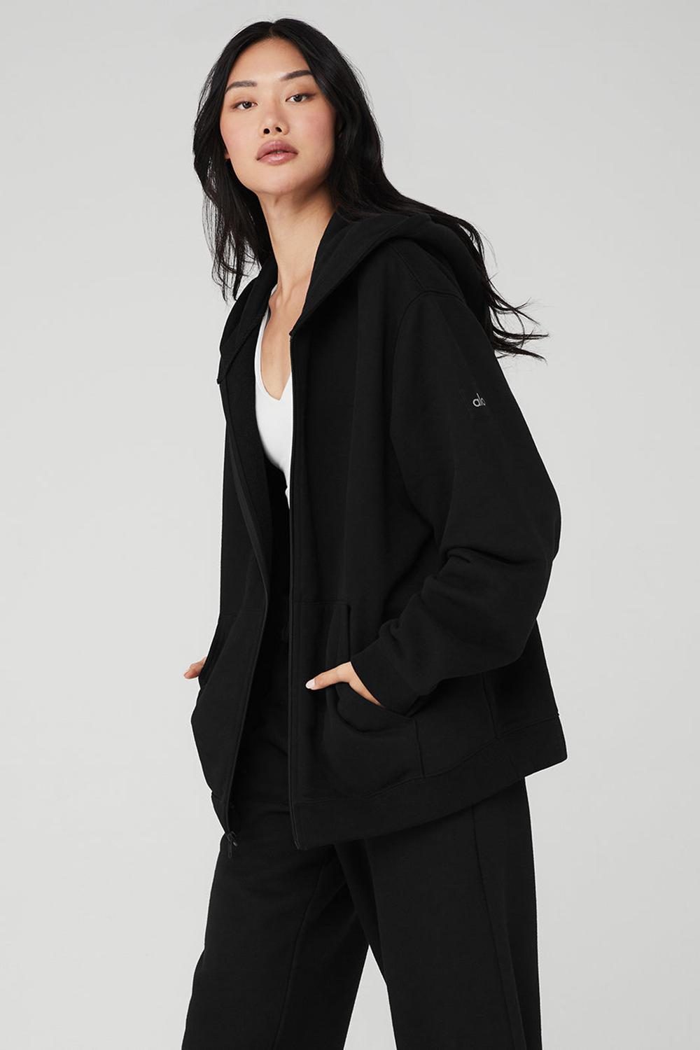 Black Alo Yoga Renown Heavy Weight Full Zip Women Hoodie | KSA  MAG962835