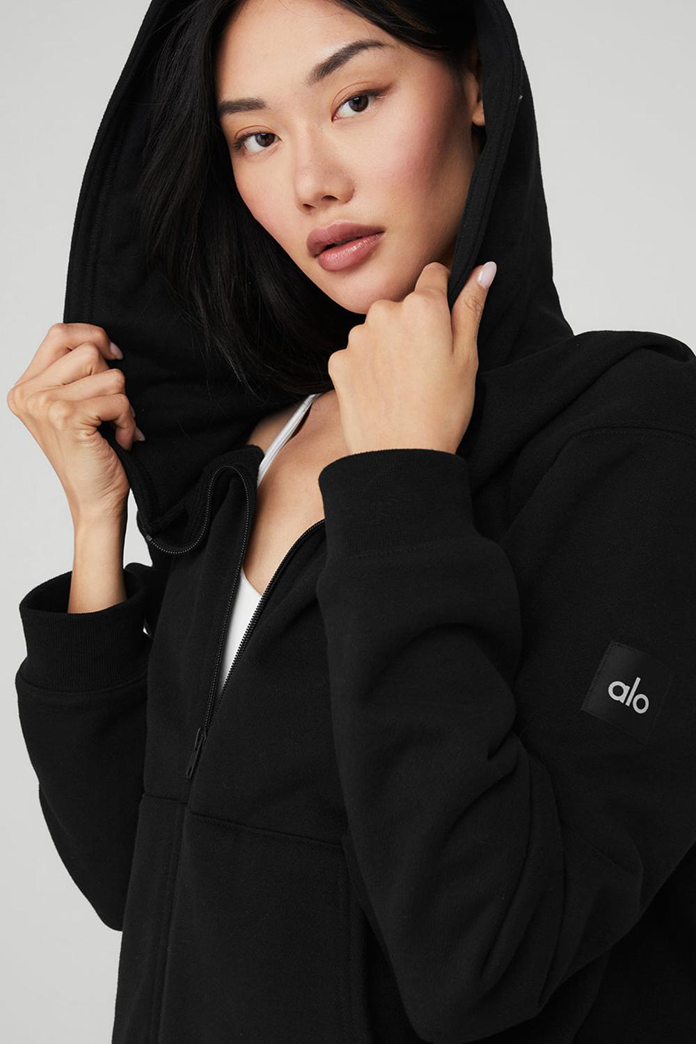 Black Alo Yoga Renown Heavy Weight Full Zip Women Hoodie | KSA  MAG962835