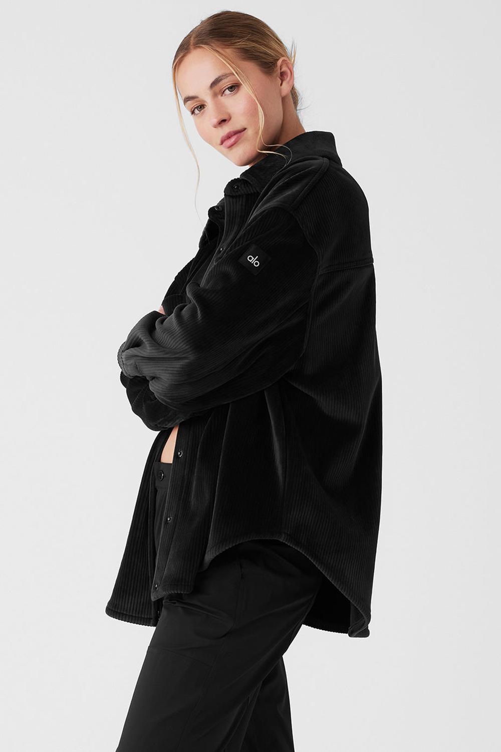 Black Alo Yoga Ribbed Velour Mountain Side Shacket Women Jacket | KSA  IJQ182793