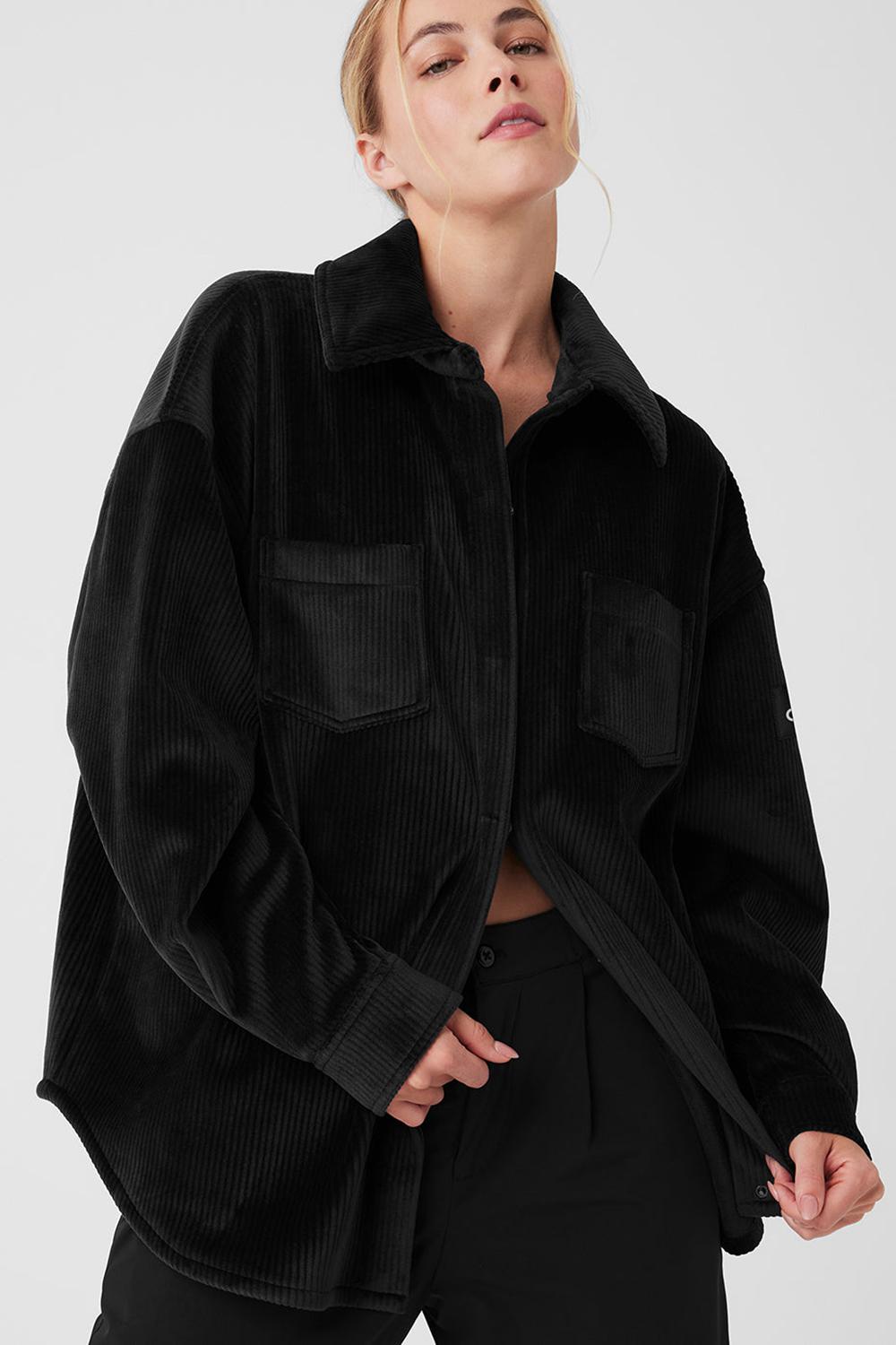 Black Alo Yoga Ribbed Velour Mountain Side Shacket Women Jacket | KSA  IJQ182793