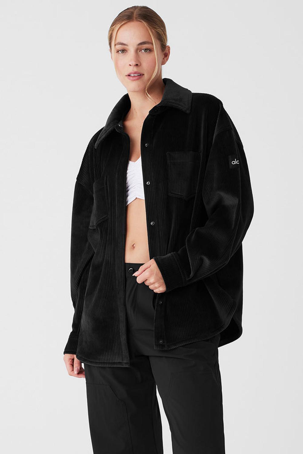 Black Alo Yoga Ribbed Velour Mountain Side Shacket Women Jacket | KSA  IJQ182793