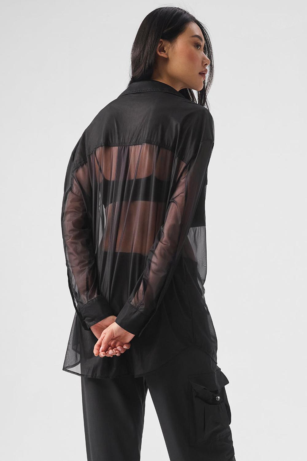 Black Alo Yoga Sheer Effusion Button Down Women Long Sleeve | KSA  DGM431897