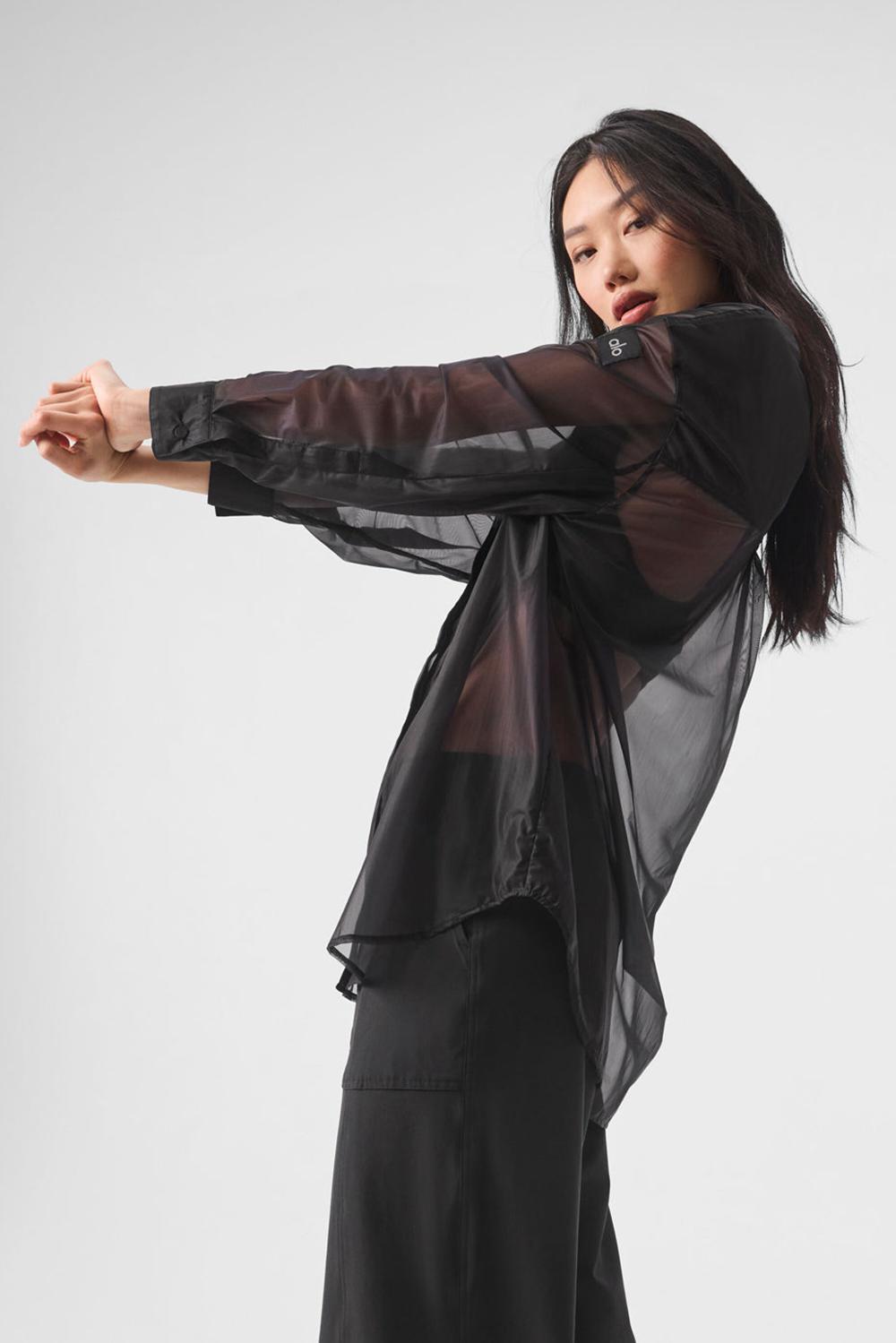 Black Alo Yoga Sheer Effusion Button Down Women Long Sleeve | KSA  DGM431897