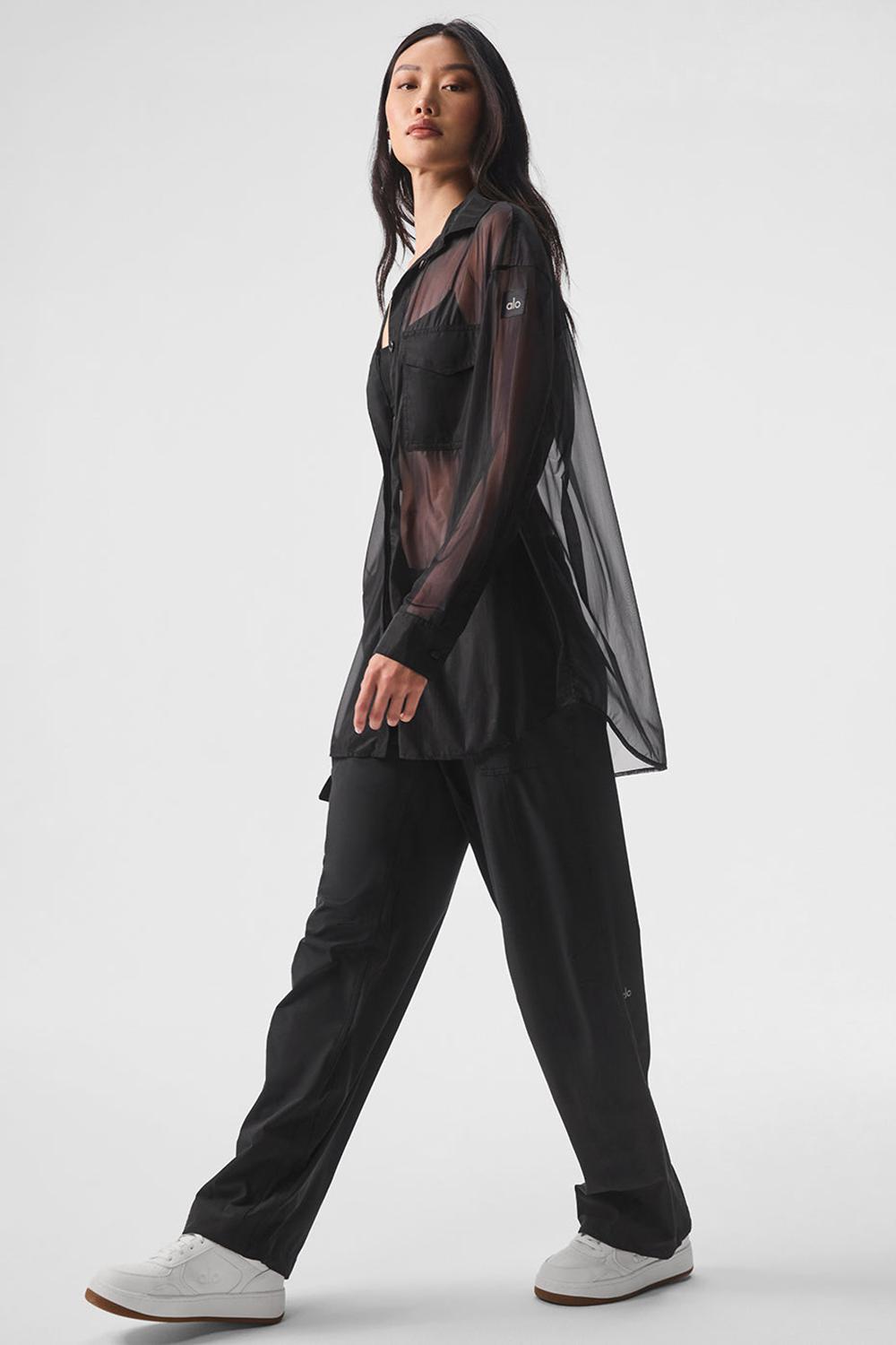 Black Alo Yoga Sheer Effusion Button Down Women Long Sleeve | KSA  DGM431897