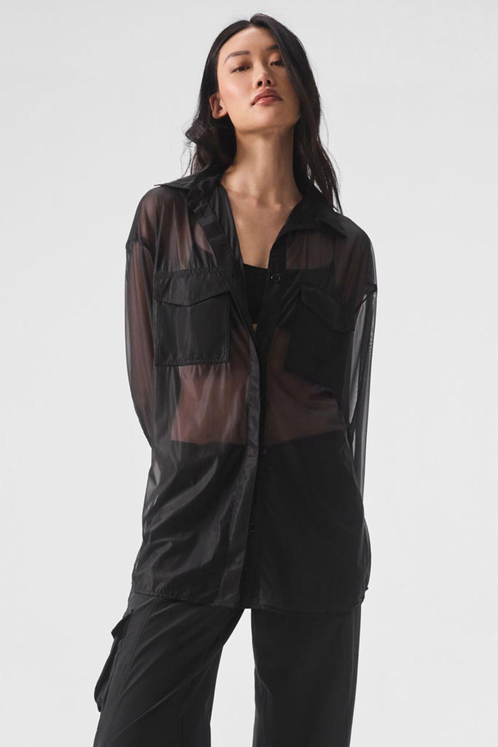 Black Alo Yoga Sheer Effusion Button Down Women Long Sleeve | KSA  DGM431897
