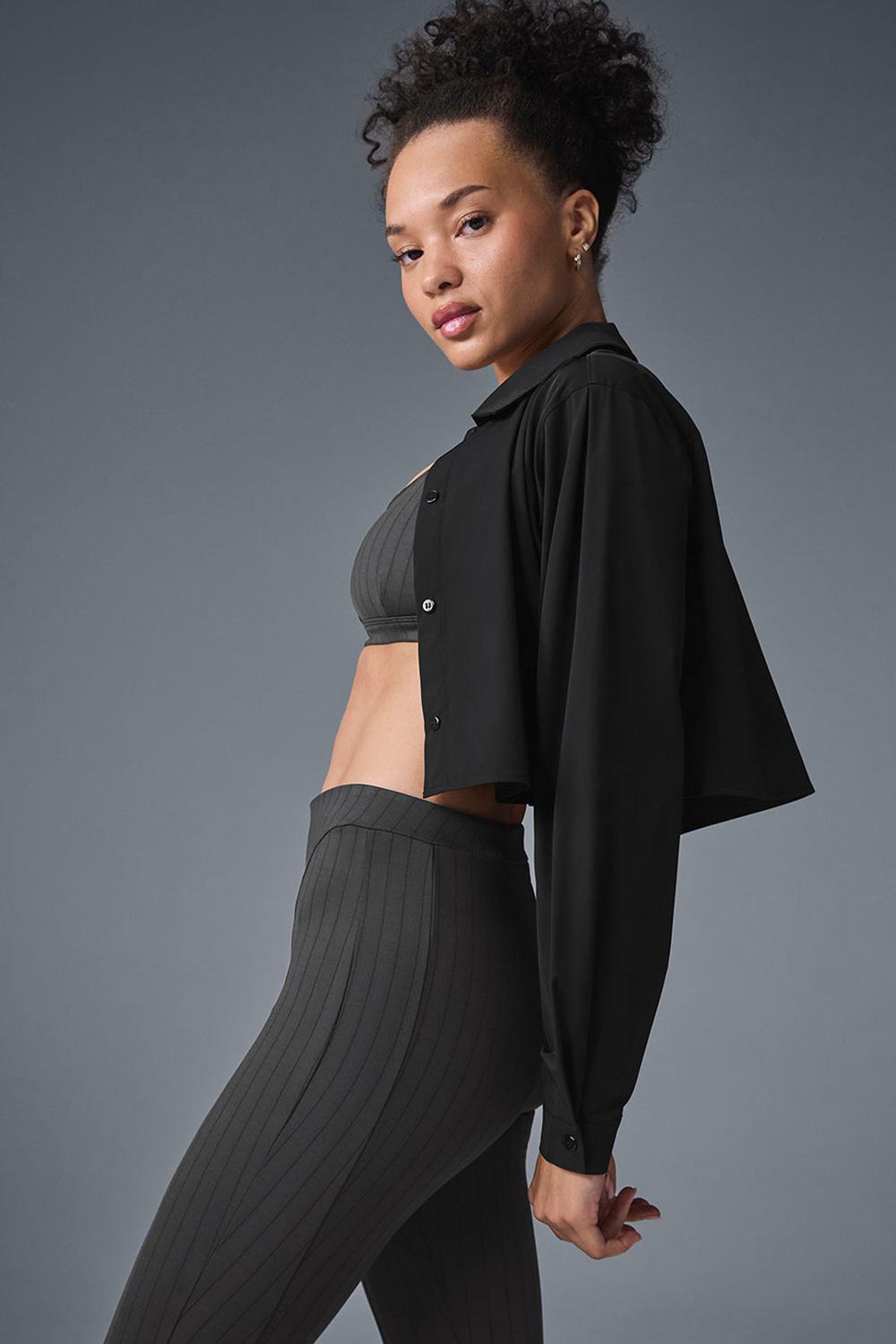 Black Alo Yoga Take Me Out Button Up Women Cropped Tops | KSA  QST518406