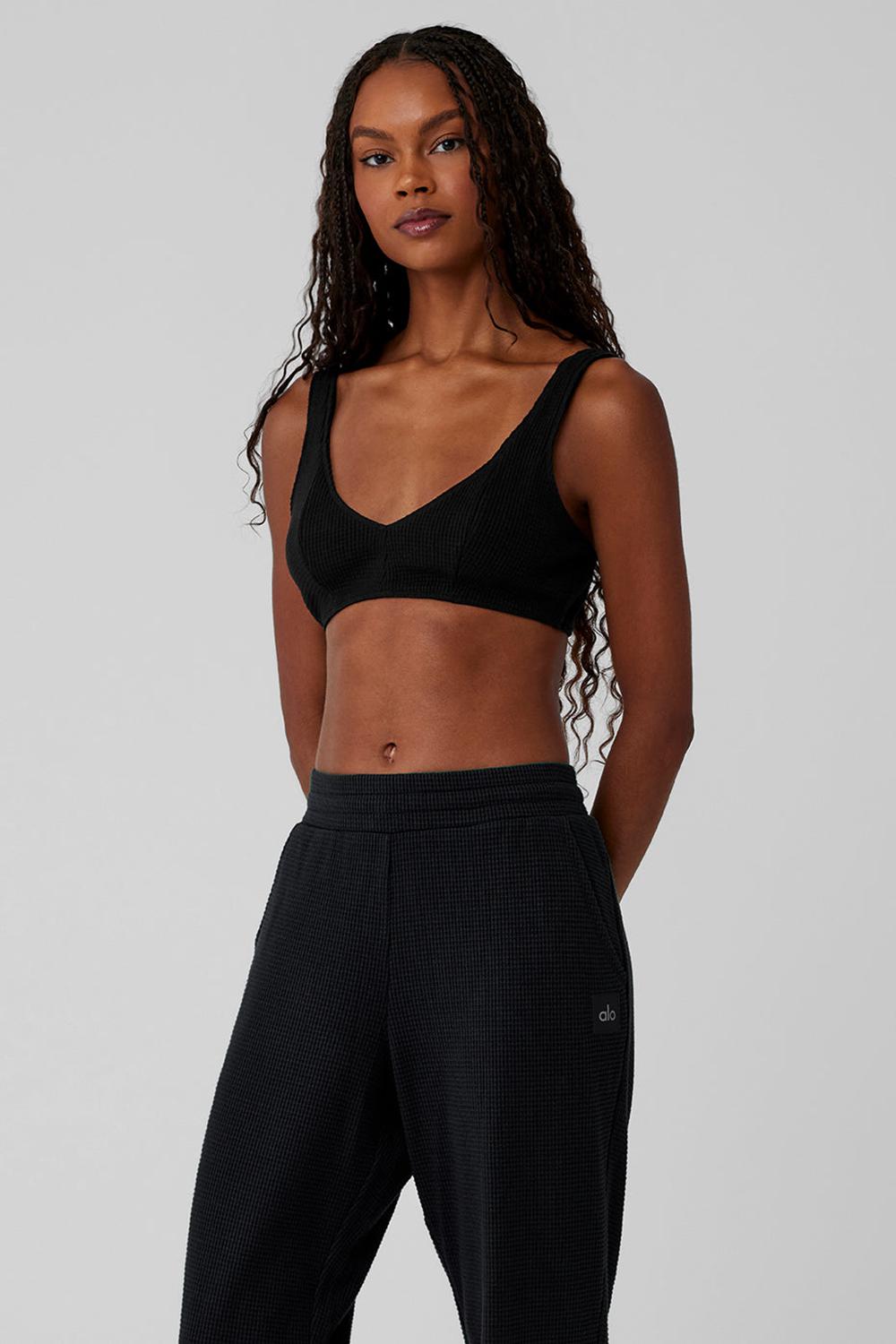 Black Alo Yoga Waffle Weekend Escape Women Bra | KSA  HDO472815