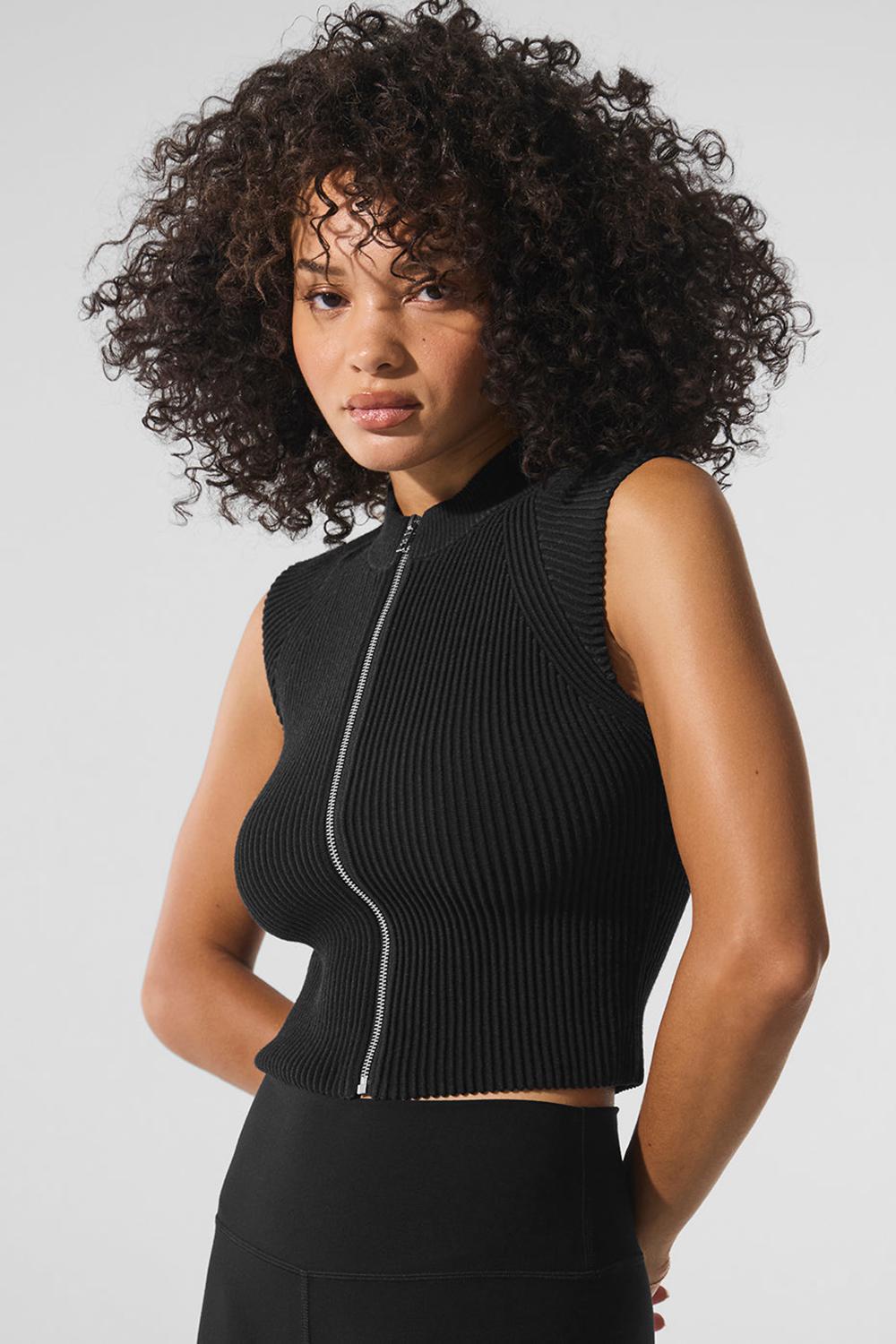 Black / Anthracite Alo Yoga Denim Knit Sleeveless Full Zip Women Top | KSA  XNG482051