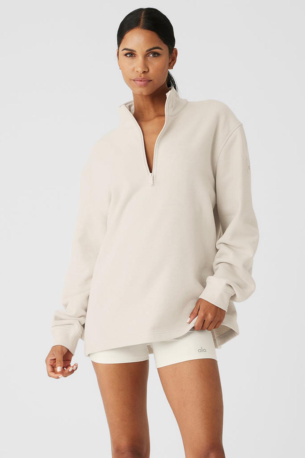 Bone Alo Yoga Renown Heavy Weight 1/4 Zip Women Hoodie | KSA  YHE621358