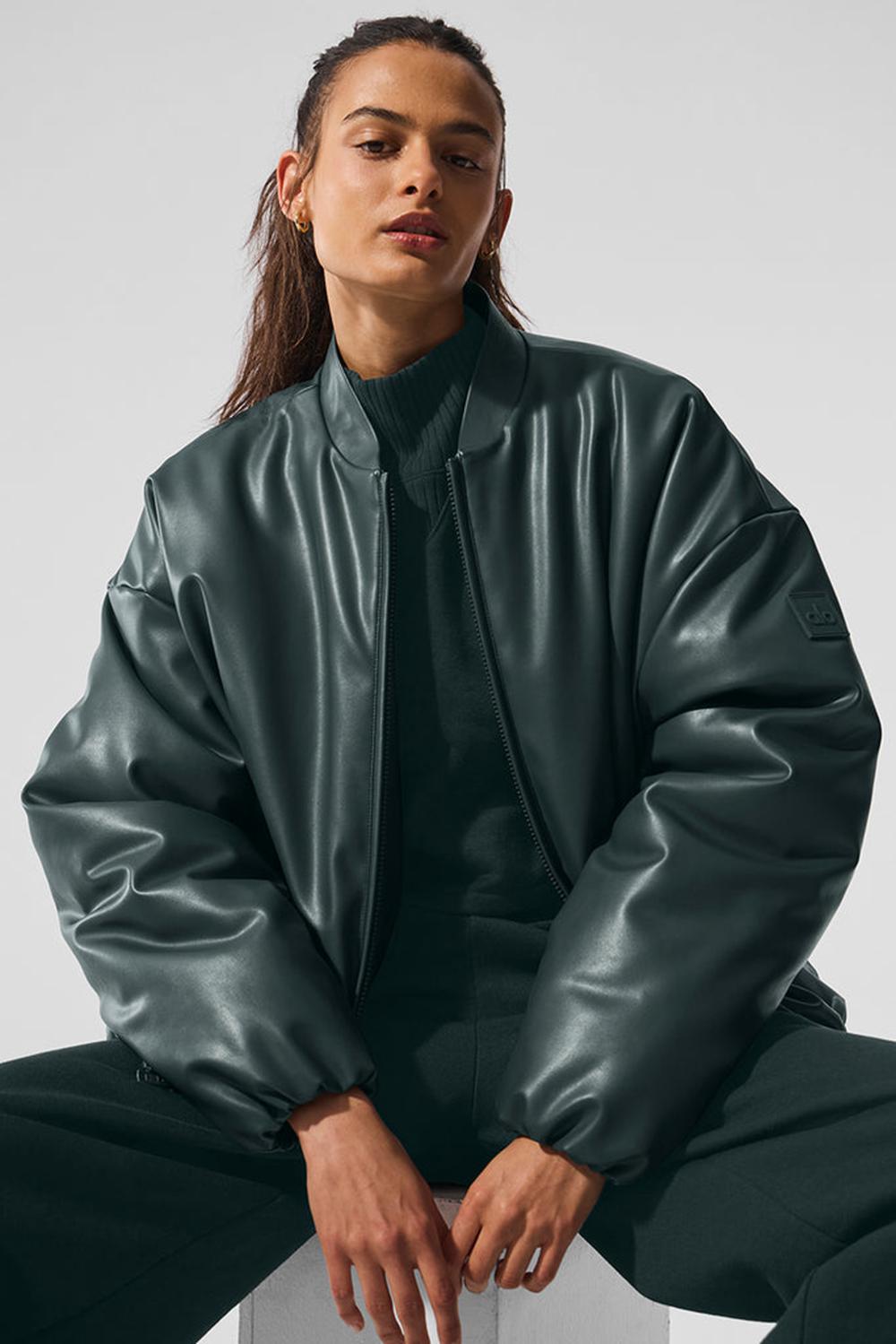 Charcoal Green Alo Yoga Faux Leather Premier Women Bomber Jacket | KSA  NQM347019