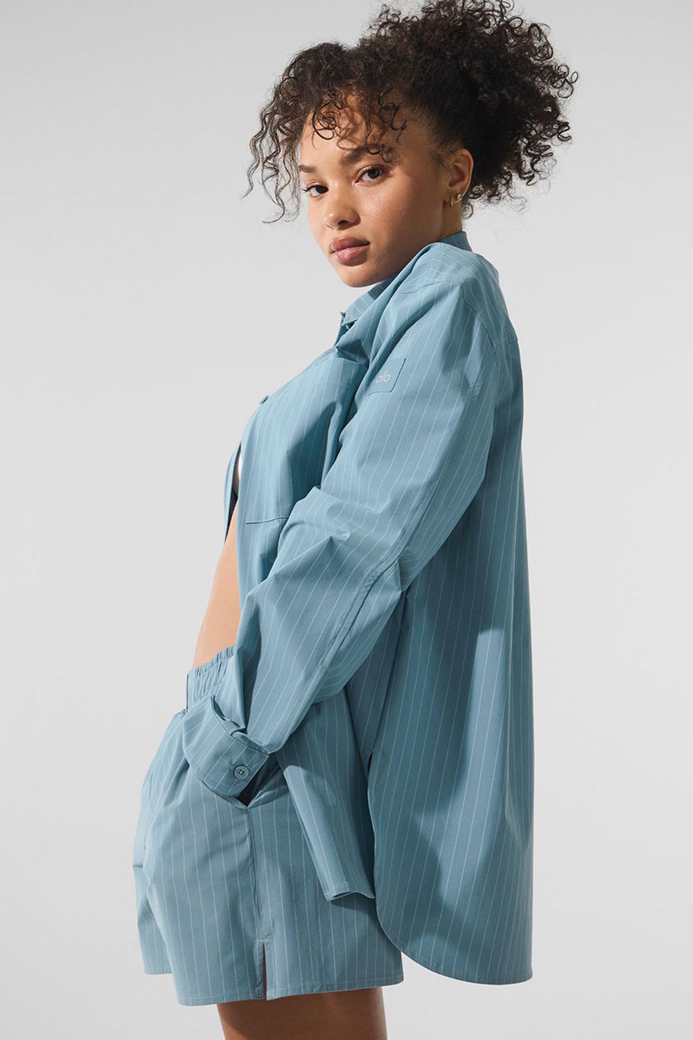 Dark Celestial Blue / White Alo Yoga Pinstripe Daylight Button Down Women Long Sleeve | KSA  LZT548162