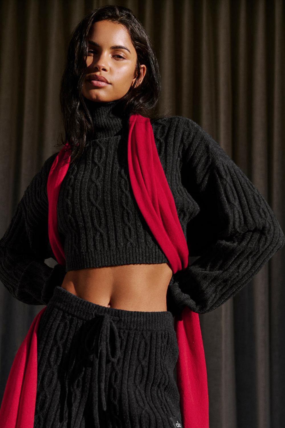 Dark Heather Grey Alo Yoga Cable Knit Cropped Winter Bliss Turtleneck Women Long Sleeve | KSA  JZA175249