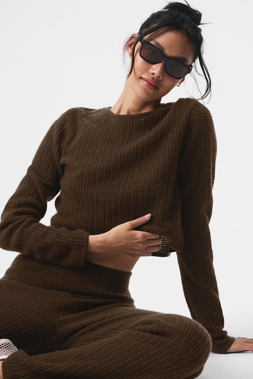 Espresso Alo Yoga Cashmere Plush Waffle Cropped Women Long Sleeve | KSA  GYA280195