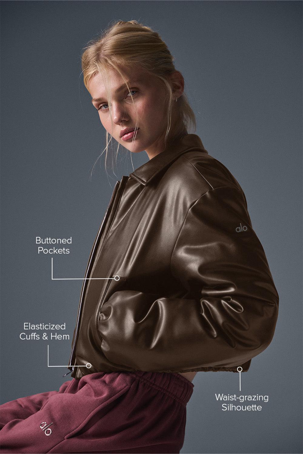 Espresso Alo Yoga Faux Leather Cropped Premier Women Bomber Jacket | KSA  GIZ496503