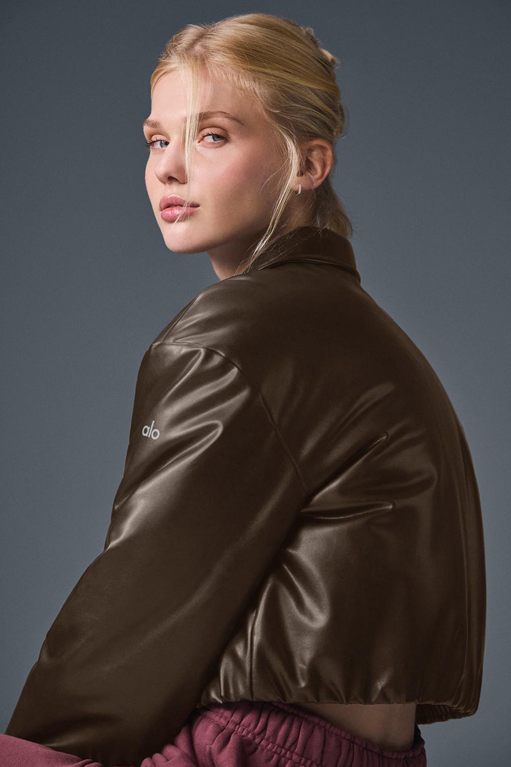 Espresso Alo Yoga Faux Leather Cropped Premier Women Bomber Jacket | KSA  GIZ496503