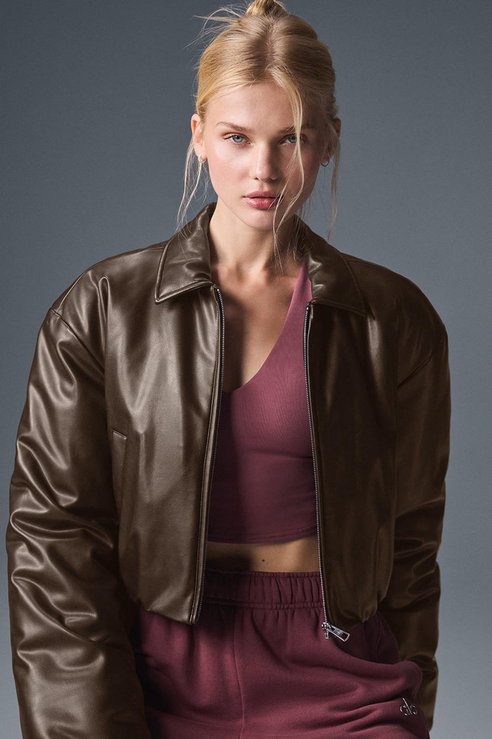 Espresso Alo Yoga Faux Leather Cropped Premier Women Bomber Jacket | KSA  GIZ496503