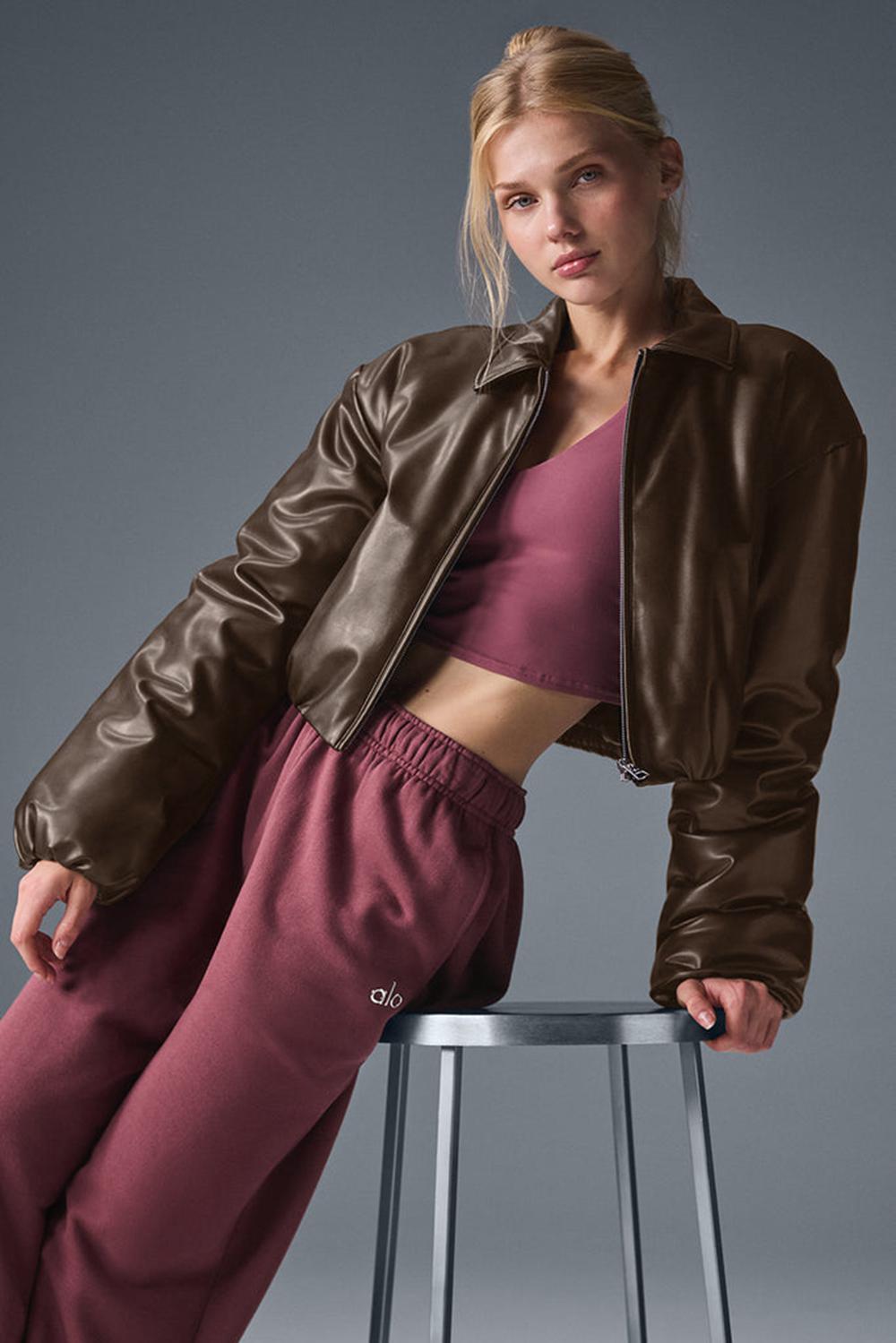 Espresso Alo Yoga Faux Leather Cropped Premier Women Bomber Jacket | KSA  GIZ496503