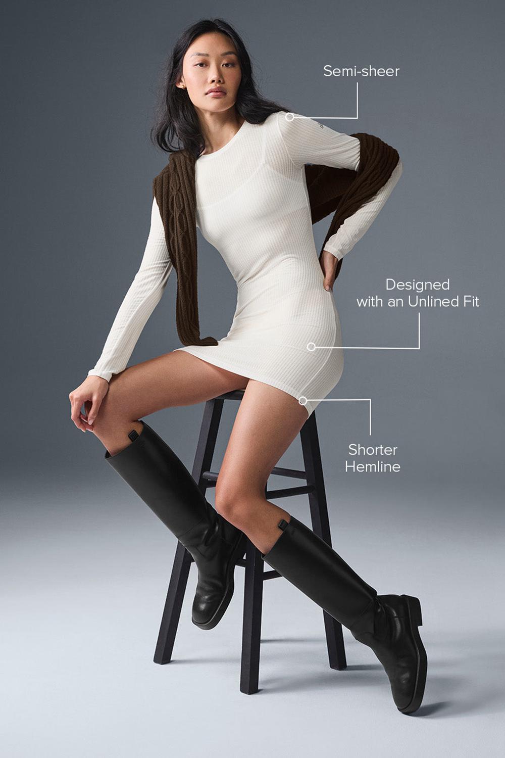 Ivory Alo Yoga Ribbed Sea Coast Long Sleeve Women Dress | KSA  KHD152364